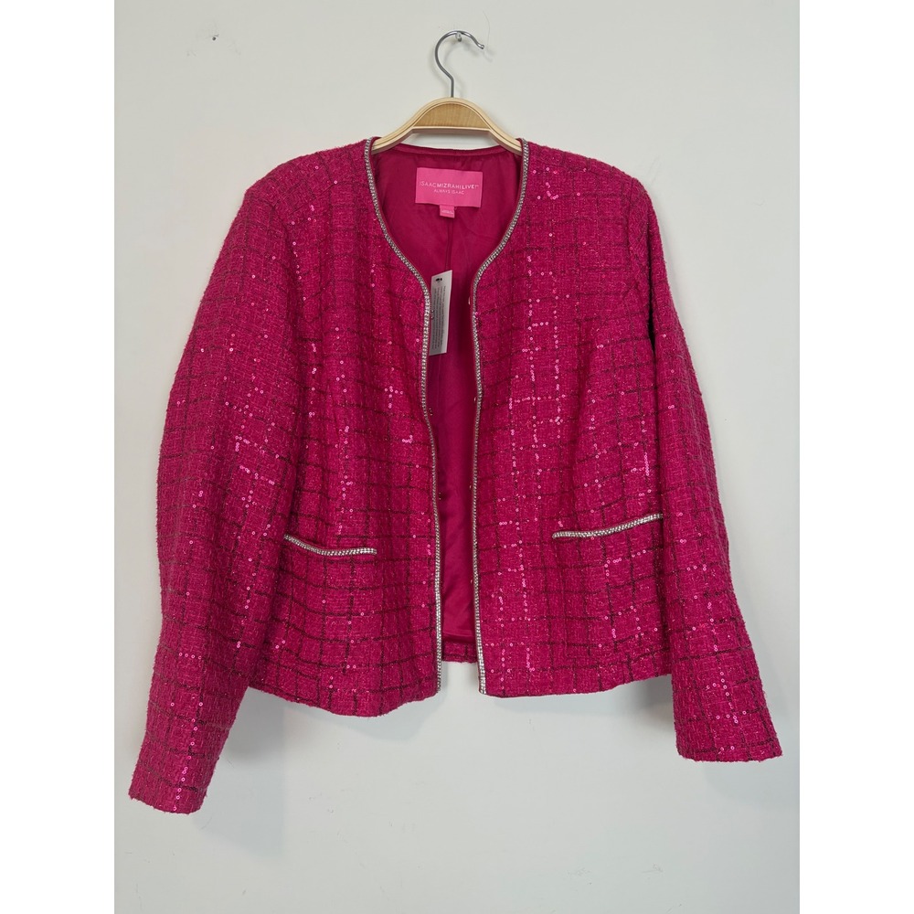 Isaac Mizrahi Live! Plaid Sequin Tweed Jacket Party‎ Pink Large Rhinestone Chic
